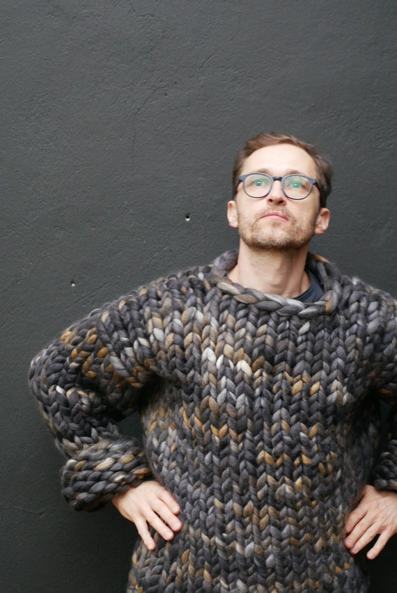Maglione da uomo in lana merino, maglione da uomo in maglia grossa m�lange,  cardigan in lana, maglione in filato super grosso, maglione in maglia  gigante, cardigan in maglia in filato grosso -