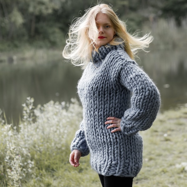 チャンキーニットタートルネックロングセーター 100%オーガニックメリノウールフェティッシュセクシーニットプルオーバージャンパー スーパーチャンキーヤーン 彼女へのユニークなギフト