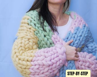 Chunky Cardigan Pattern Finger Knitted Multicolor colossal sweater giant yarn Colorful Beginner Friendly Knitting Tutorial