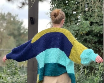 Merino Cardigan a rayas de gran tamaño grueso Punto Orgánico Merino Lana súper hilo gigante tejido a mano Suéter hecho a mano regalo único para ella