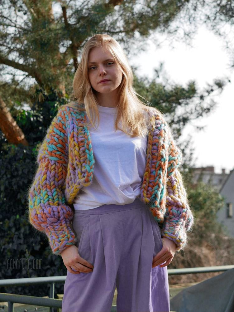 トップス Kolor 14aw? crazy pattern wool cardigan Handmade Chunky Knit Tops Women Cropped Knitted Cardigan