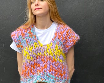 Chunky Knit Sweater Vest Knit Pattern Knitted Chunky Wool Multicolor colossal jumper giant yarn Colorful Beginner Friendly Knitting Pattern