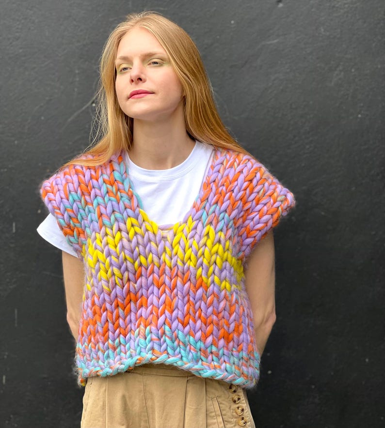 Chunky Knit Sweater Vest Knit Pattern Knitted Chunky Wool Multicolor colossal jumper giant yarn Colorful Beginner Friendly Knitting Pattern image 1