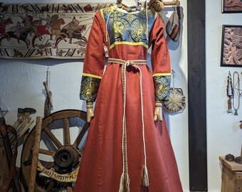 Viking linen dress with brocade silk