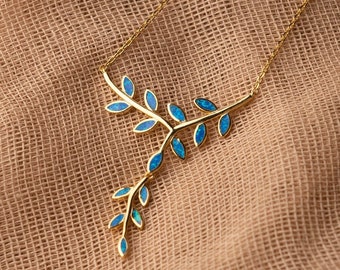 Silver Necklace, Blue Opal Olive Tree Branch Leaf - Gold, gift for her, ancient Greek jewelry from Greece, griechischen schmuck, bijoux grec