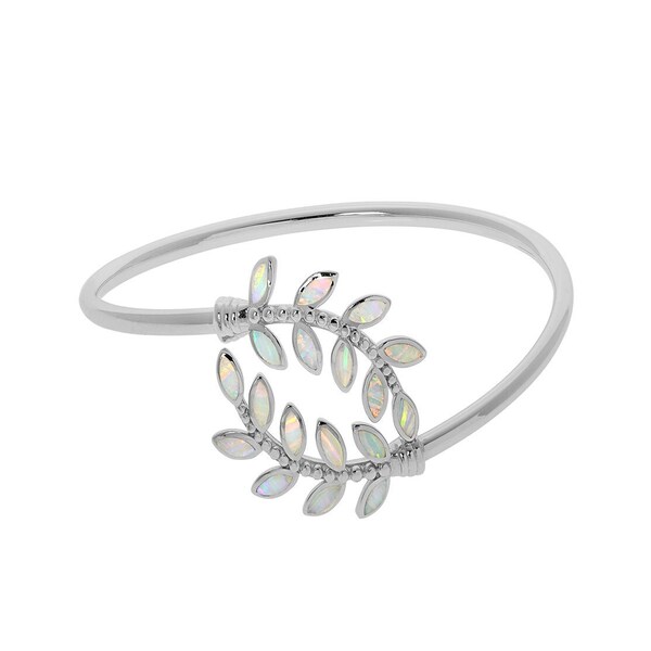 Fire Opal Olive Tree Branch Leaf Bracelet argent, Sterling Silver Bangle, Ancient Greek Jewelry, Bijoux Grec, Opale blanche Gioielli greco