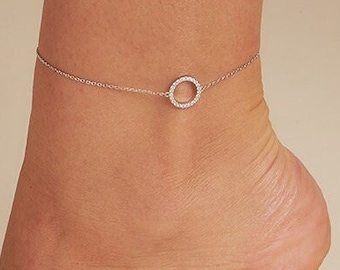 Infinity Anklet -Circle of Life Anklet - O ring Anklet - CZ Diamonds - Small Elegant Sparkling Charm - Sterling Silver 925 - gift for her