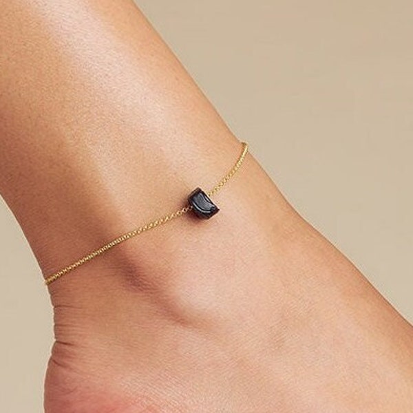 Black Onyx Cube Anklet - Small Elegant Charm on 14K Gold Plated Sterling Silver 925 Chain