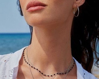 Zwarte Onyx kralen ketting, delicate edelsteen choker, stenen draad verpakt, eenvoudige charme ketting in zwart patina zilver 925, beste cadeau voor haar