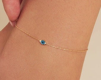 Turquoise Evil Eye Anklet - Tiny Oval Elegant Charm in 14K Gold Plated Sterling Silver Chain