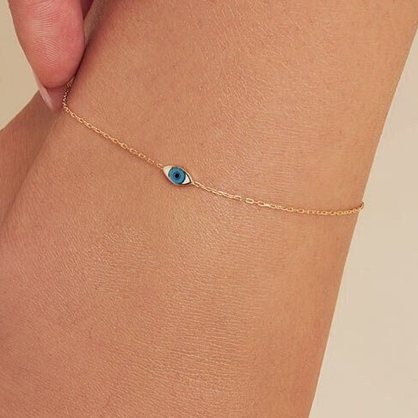 Turquoise Evil Eye Anklet - Tiny Oval Elegant Charm in 14K Gold Plated Sterling Silver Chain