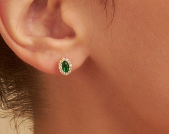 Emerald Flower Stud Earrings Oval in 14k gold plated S925, Simulated Emerald Flower Earrings, Green CZ Flower Earrings