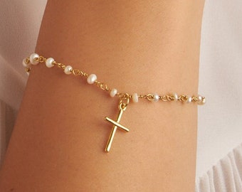 Fresh Water Pearl Rosary Bracelet beaded - Dangling cross charm - dainty Sterling Silver Bracelet - Fully Gold Filled 14k