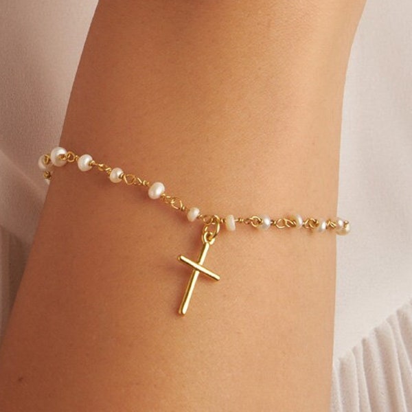 Süßwasser Perle Rosenkranz Armband Perlen - Baumelnder Kreuz Charme - Sterling Silber Armband - 14 Karat Gold gefüllt