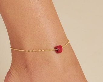 Coral Cube Anklet - Small Elegant Charm on 14K Gold Plated Sterling Silver 925 Chain