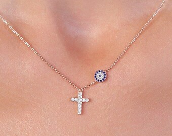 Gold Cross Necklace, Tiny Blue Eye Necklace, Sterling Silver Evil Eye Necklace, Christian Cross Rose Gold Necklace, Religious Gift for her