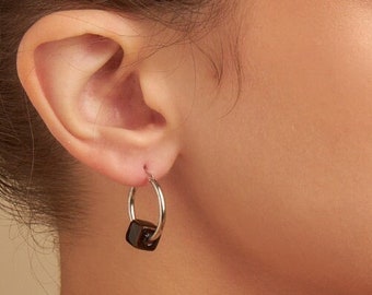 Dark Brown Dangle Drop Hoops, Hypoallergenic Earrings in Sterling Silver, 12mm diameter & 9mm cube