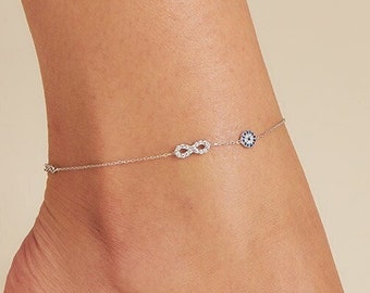 Evil Eye Anklet - Infinity Anklet - Sterling Silver Anklet - Greek Evil Eye - Tiny Charms - CZ Anklet - Summer Jewelry - Gift for Her