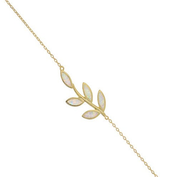 Dainty opal Olive Tree Branch Leaf Bracelet argent, Sterling Silver & Gold, Ancient Greek Jewelry, Bijoux Grec, Opale blanche Gioielli greco