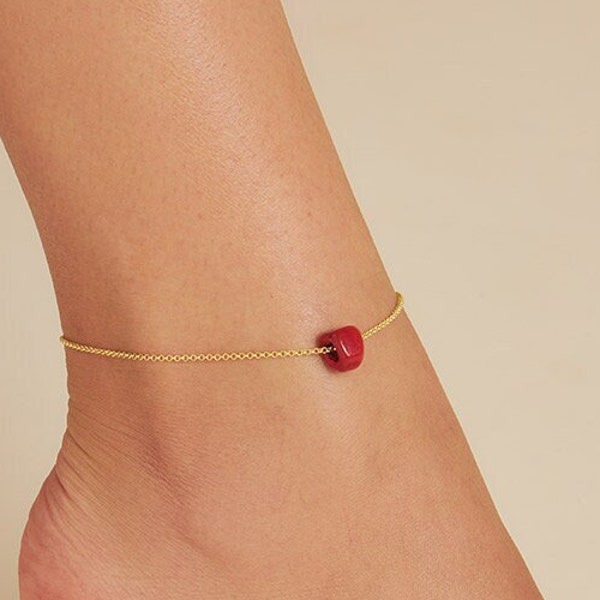 Coral Cube Anklet - Small Elegant Charm on 14K Gold Plated Sterling Silver 925 Chain