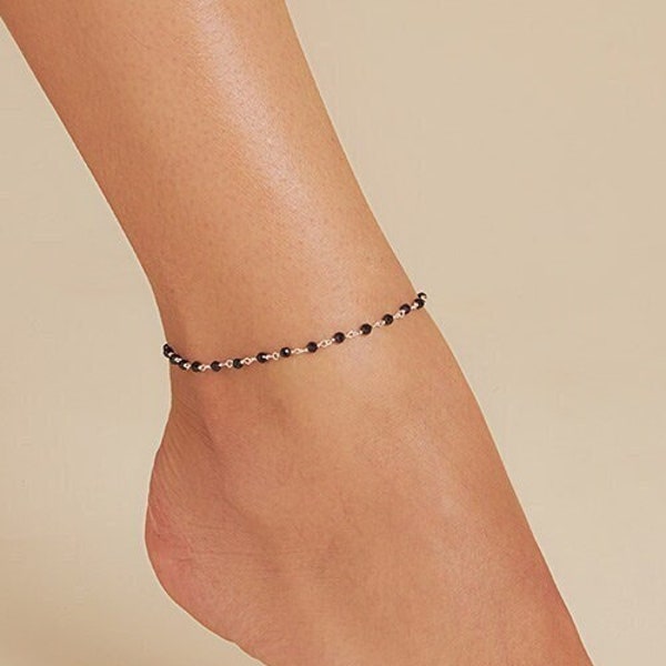 Black Onyx Rosary Beaded Anklet for a Dainty Delicate Look, Best Gift for Her in Sterling Silver 925 Satelite Chain