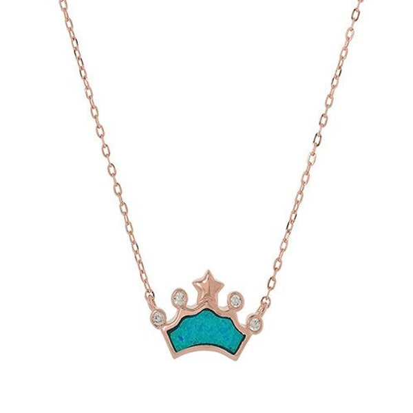 Zilveren ketting, Blue Opal Queen Crown Charm - Rose Gold, cadeau voor haar, oude Griekse sieraden uit Griekenland, griechischen schmuck, bijoux grec