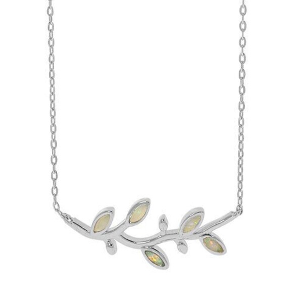 White Opal Olive Tree Branch Leaf Necklace, Sterling Silver, Dainty Ancient Greek jewelry, griechischen schmuck, Opale Blanche, bijoux grec