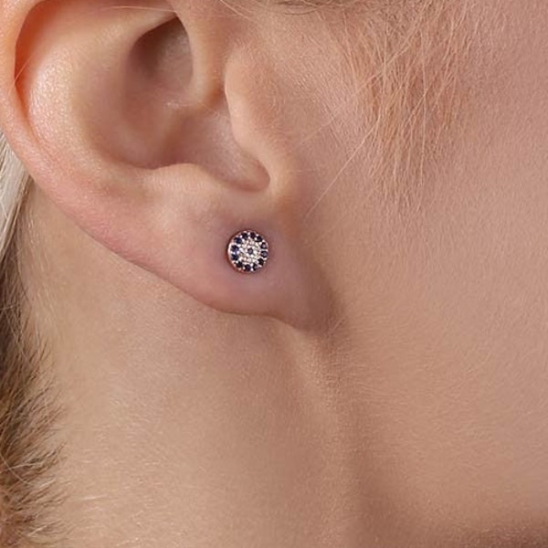 Niedliche Evil Eye Ohrstecker, CZ Diamanten auf rose vergoldetem Silber, winziger Durchmesser 5mm