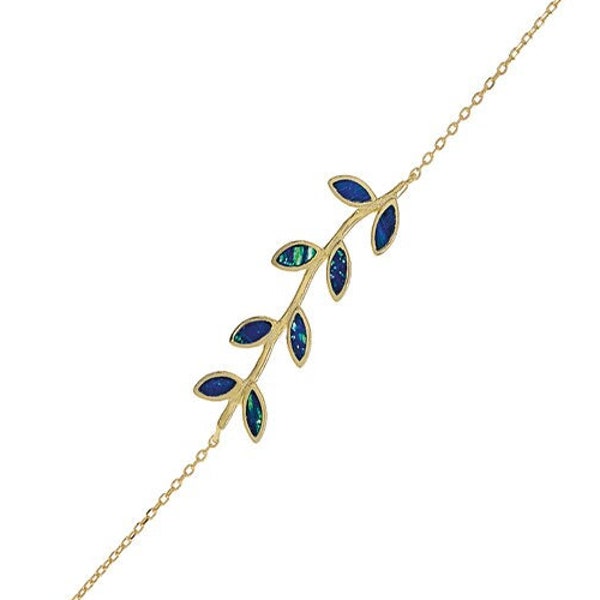 Blue opal Olive Tree Branch Leaf Bracelet, Silver - Gold, Ancient Greek Jewelry, Bijoux Grec, bracelet argent, Opale Bleue, Gioielli greco