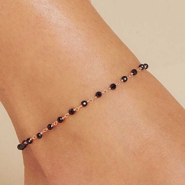 Black Onyx Rosary Beaded Anklet for a Dainty Delicate Look, Best Gift for Her in Rose Gold Plated Sterling Silver 925 Satelite Chain