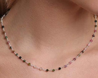 Tourmaline Beaded Necklace, Delicate Gems Choker, Stone Wire Wrapped Simple Charm Chain in Sterling Silver 925, Best Gift for Her