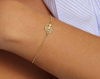 Dainty Tree of Life bracelet, Small Elegant minimalist Charm & Chain in 14K Gold Plated Sterling Silver