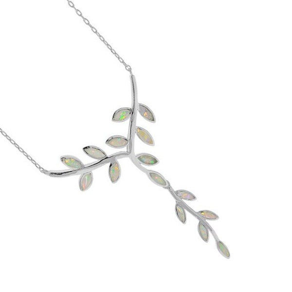 White Opal Olive Tree Branch Leaf Necklace, Sterling Silver, Dainty Ancient Greek jewelry, griechischen schmuck, Opale Blanche, bijoux grec