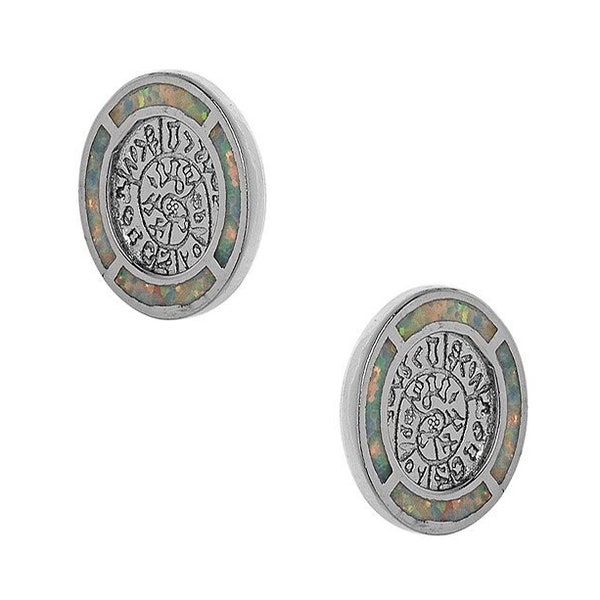 Fire opal Phaistos Disc Stud Earrings Sterling silver Greek jewelry Greece Gioielli Greco Bijoux grec Griechischer Schmuck Griekse sieraden