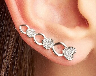 Pendientes escaladores de corazón, rastreadores de orejas emocionales al revés, joyería sentimental Pendientes de apoyo para amigos Pave CZ Diamantes Plata de ley 925