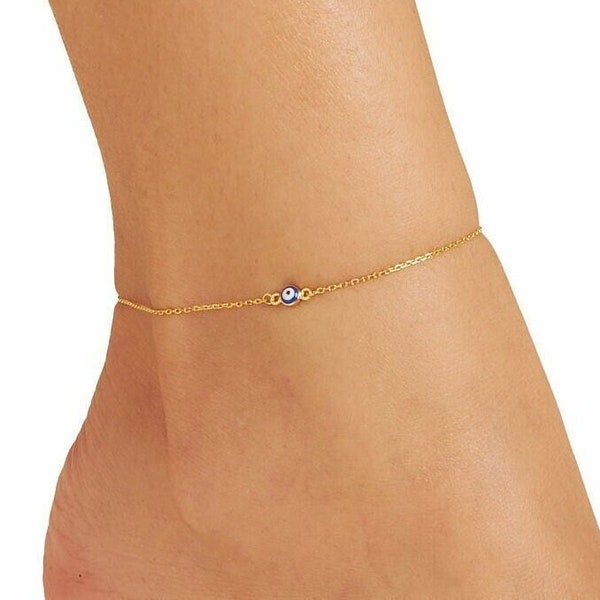 Blue Evil Eye Anklet - Dainty Gold Plated Sterling Silver Chain - Tiny Elegant Eye Charm - Greek Eye Jewelry - Nazar Eye - Thin Leg Chain