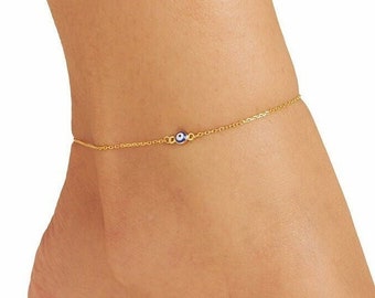 Blue Evil Eye Anklet - Dainty Gold Plated Sterling Silver Chain - Tiny Elegant Eye Charm - Greek Eye Jewelry - Nazar Eye - Thin Leg Chain