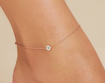 Turquoise Evil Eye Anklet - Tiny Elegant Charm in Rose Gold Plated Sterling Silver Chain