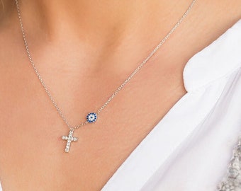 Cross Necklace | Evil Eye Necklace | CZ Zirconia Diamonds | Tiny Protection Minimalist Christian Charm | Dainty Chain | Silver Sterling 925