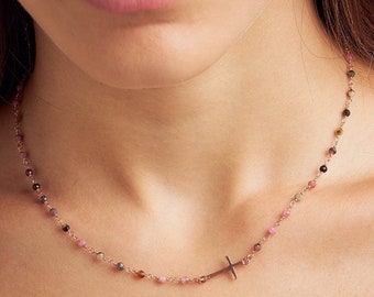 Tourmaline Beaded Rosary Style Necklace, Sideways Cross Choker, wire wrapped Chain in Rose Gold Plated Silver 925