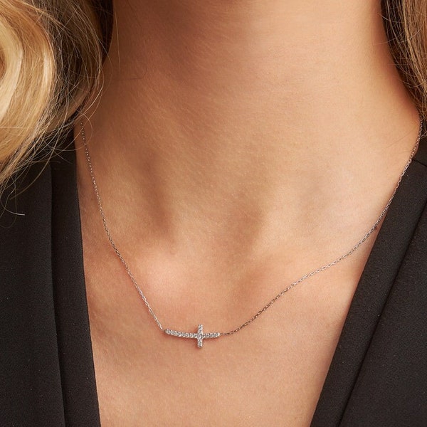 Dainty Christian Talisman of Sparkle Zircon Crystals - Protective Minimalist Horizontal Charm & Chain in Sterling Silver 925