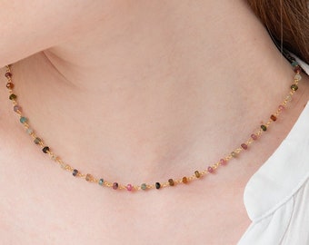 Collana multi tormalina, pietra preziosa semipreziosa di anguria naturale, delicato girocollo con perline, argento sterling e oro - catena del rosario satellitare