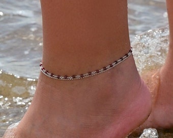 Ruby Anklet - Sterling Silver - Ruby Jade Rosary - Root Chakra - Handmade Anklet - Double Dainty Chain - Beach Grounding Ankle Bracelet