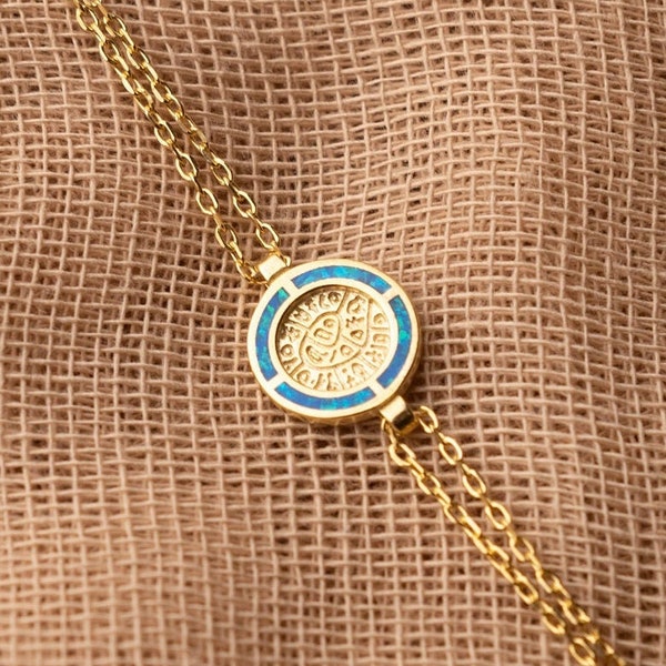 Blue opal Phaistos Disc Bracelet, Sterling Silver - Gold, Ancient Greek Jewelry, Bijoux Grec, bracelet argent, Opale Bleue, Gioielli greco