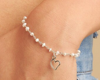 Small Heart Bracelet in Sterling Silver, Fresh Water Pearl rosary chain, Dangling Silver Heart, Dainty Lovely Adjustable Stacking Bracelets