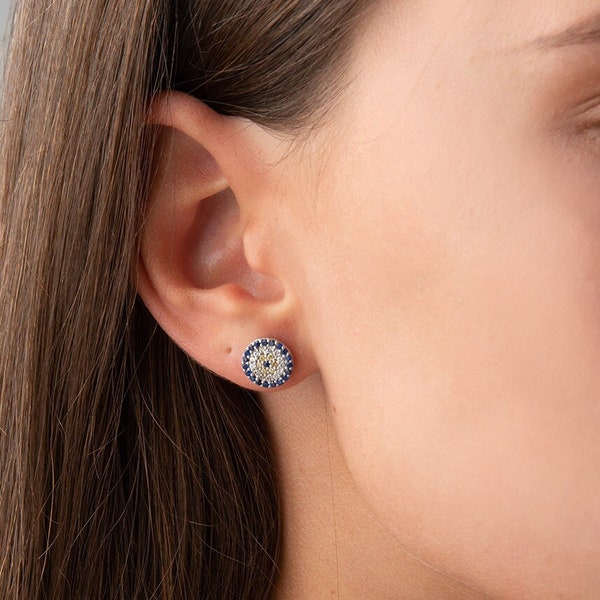 Evil eye stud earrings - Dainty Evil Eye CZ Earrings - Third Eye protection Bohemian earrings - blue eye studs - Sterling Silver