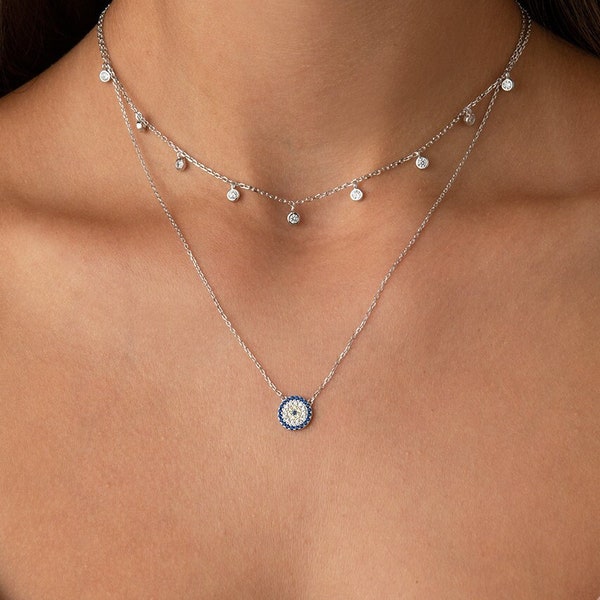 Collar Dainty Evil Eye de piedra de zirconia CZ blanca y azul, cadena de amuleto minimalista protectora de energía en plata esterlina chapada