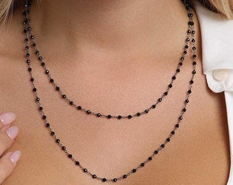 Schwarze Onyx-Perlenkette, doppelsträngiger Edelstein-Halsband, mit Steindraht umwickelt, zierliche Rosenkranzkette aus Sterlingsilber, bestes Geschenk für Sie