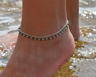 Summer Anklet - Sterling Silver - Gemstones Root Chakra - Handmade Anklet - Double Dainty Chain - Beach Grounding Ankle Bracelet