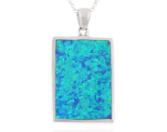 Blue Opal Square Pendant, Sterling Silver 925 Charm, Greek Jewellery, griechischen schmuck, collana opale Greco, bijoux grec opal